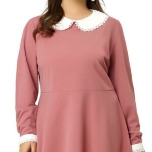 Women's Rose Pink Long Sleeve Collard Fit & Flare Dress